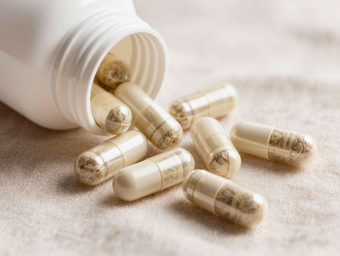 Ivory vegetarian capsules on a linen surface