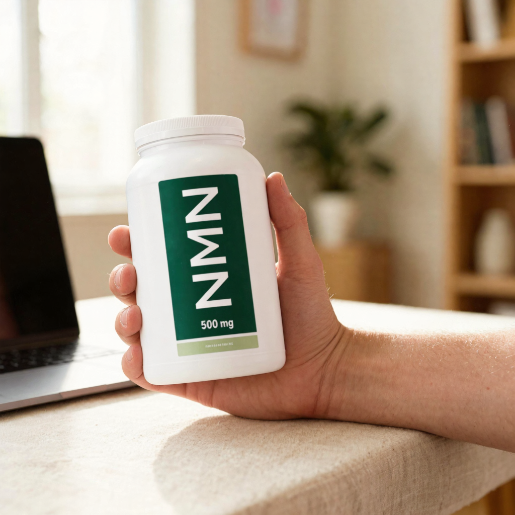 NMN 500 mg bottle held in hand at a home-office desk