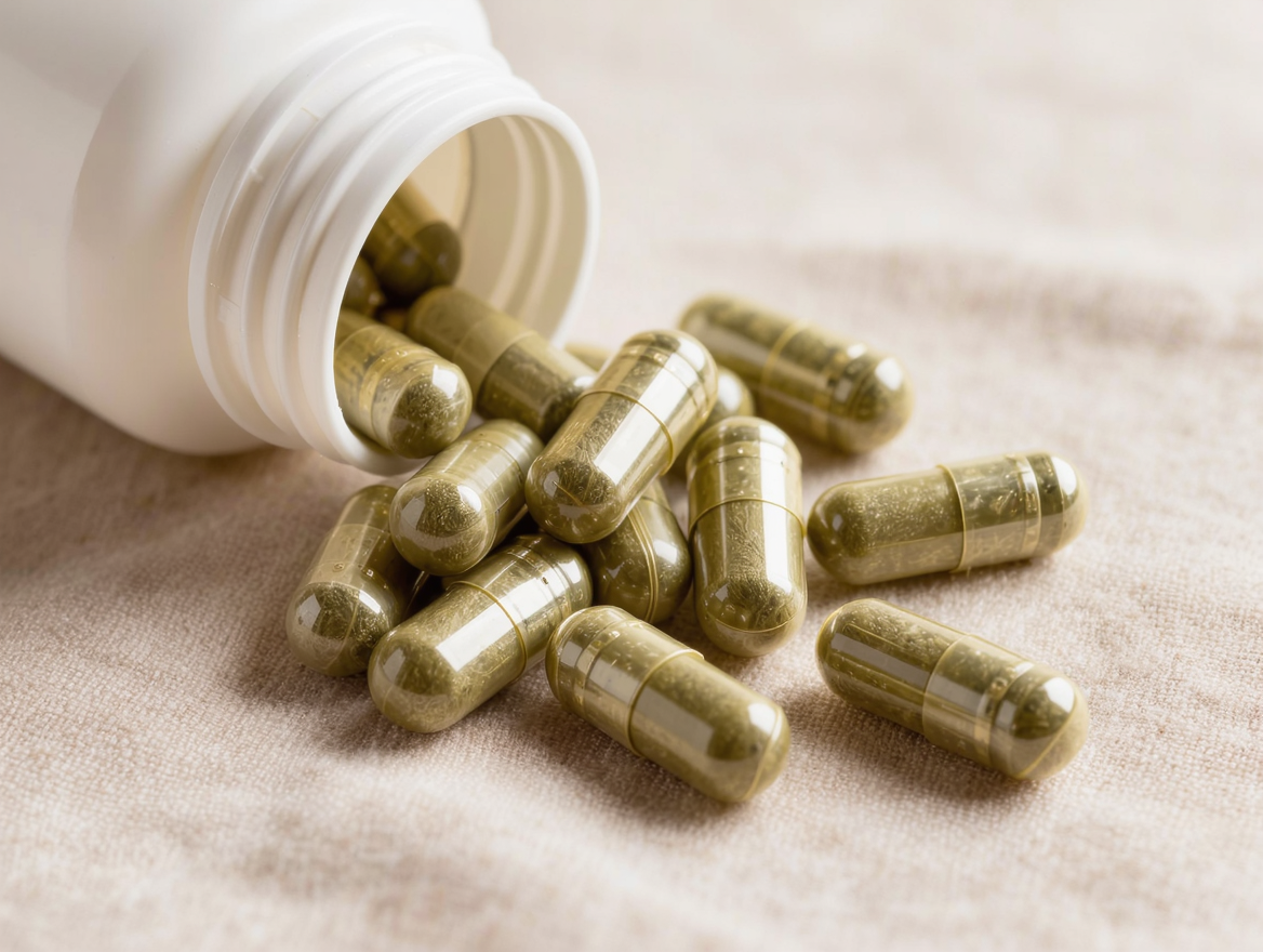Olive vegetarian capsules on a linen surface
