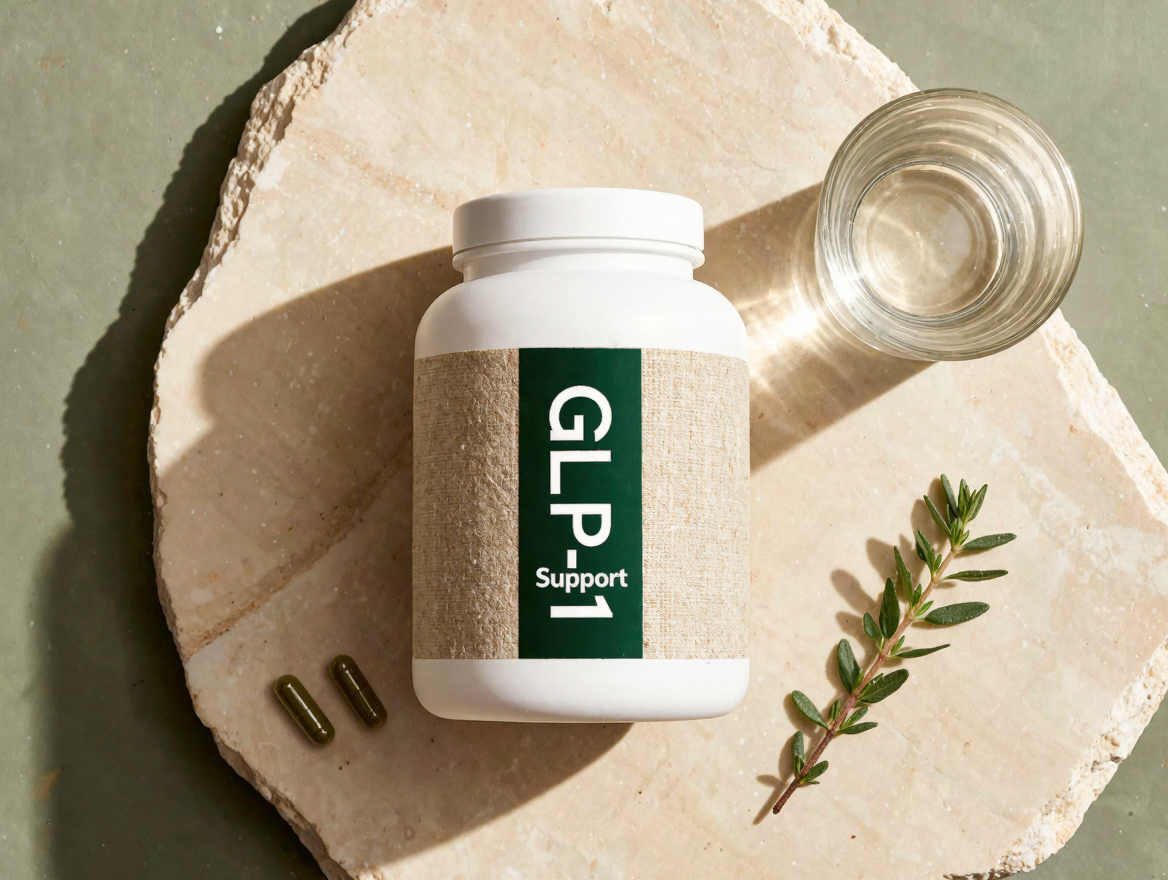 GLP-1 Support with a glass of water and two capsules in morning light