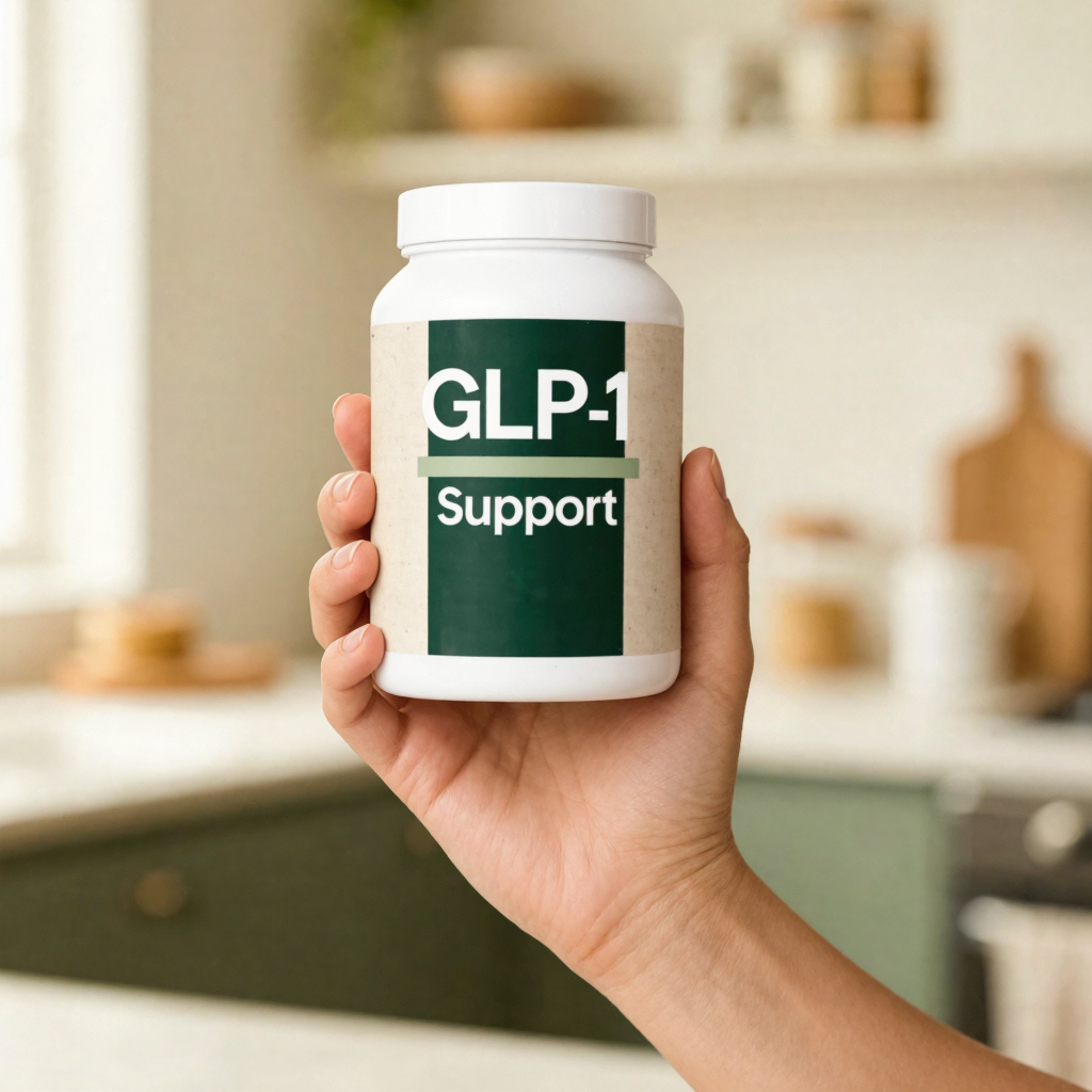 GLP-1 Support bottle held in hand in a bright kitchen