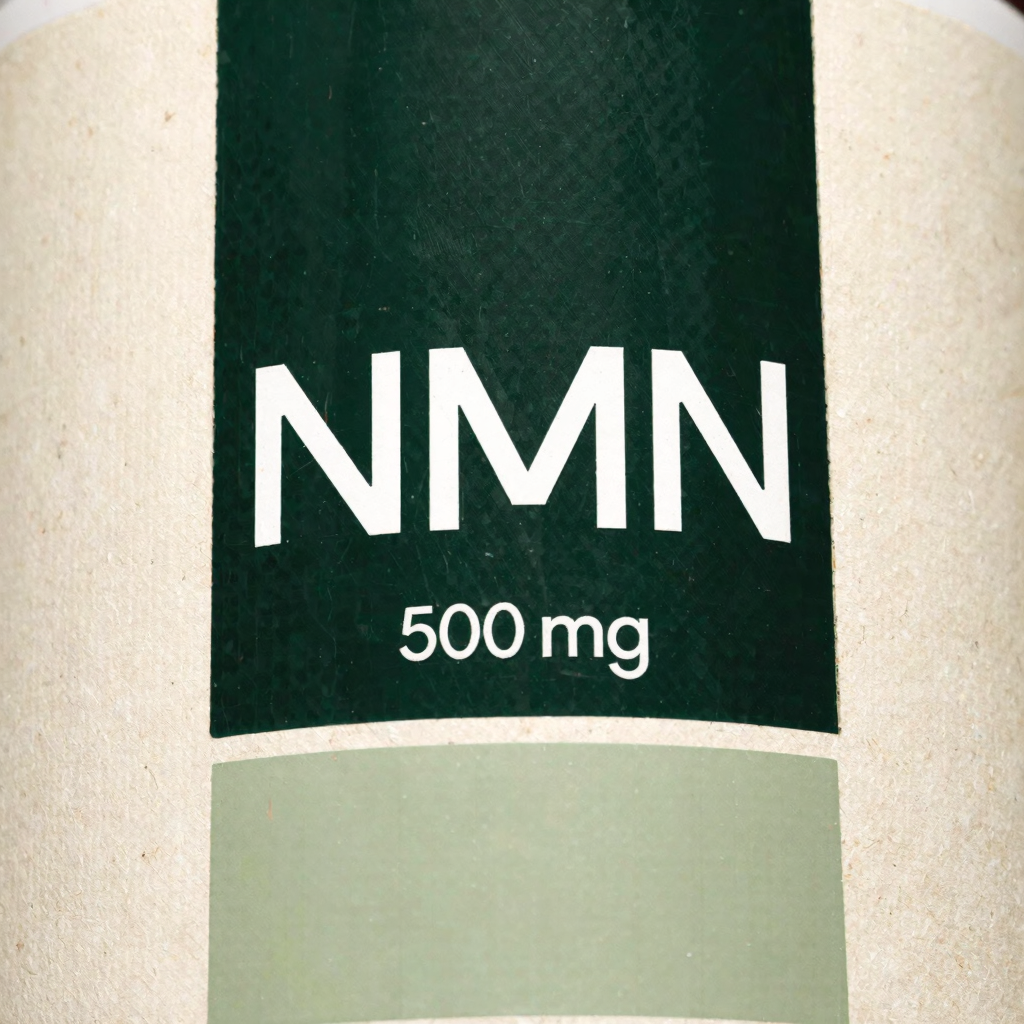 Close-up of the NMN 500 mg label showing the forest green display block