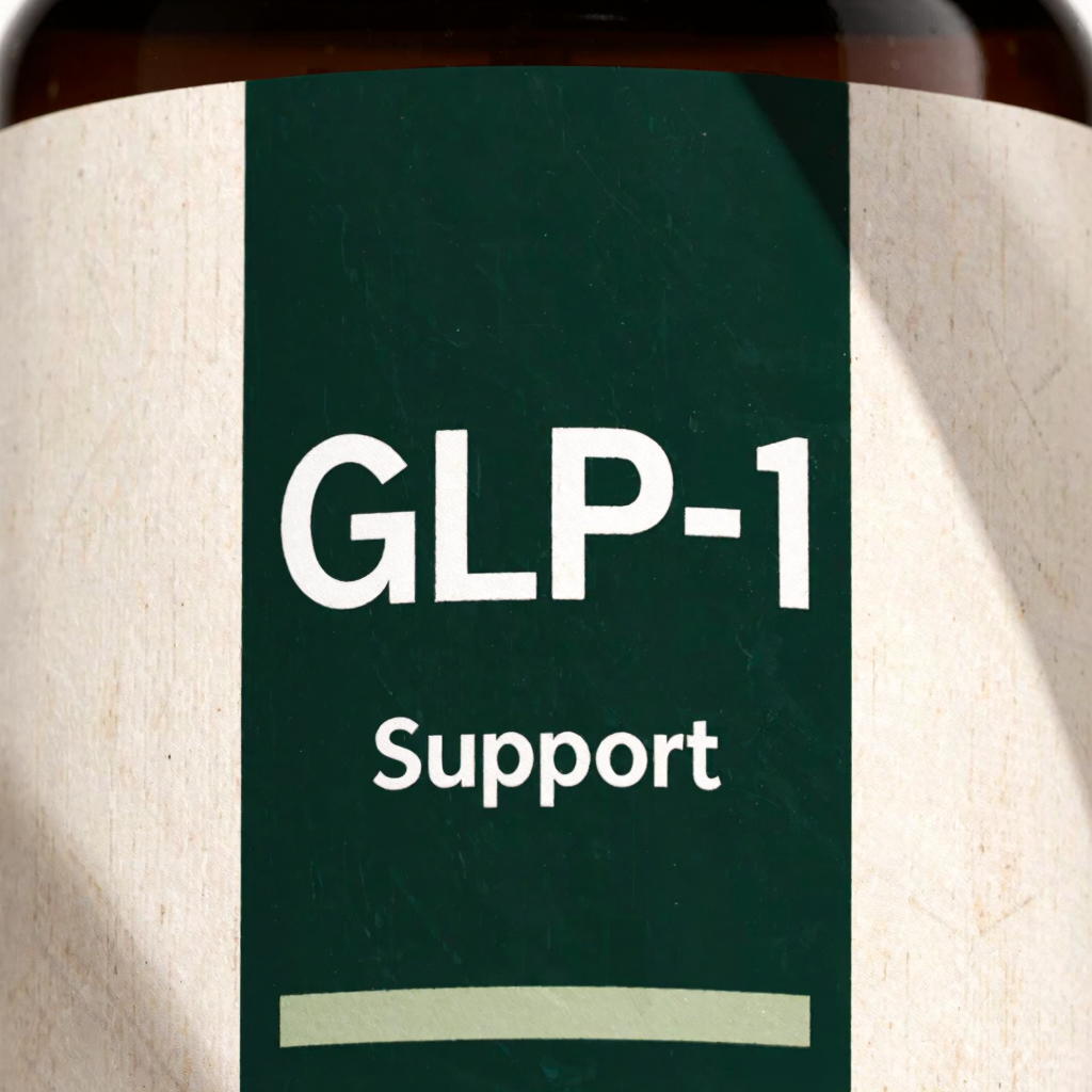 Close-up of the GLP-1 Support label showing the forest green display block