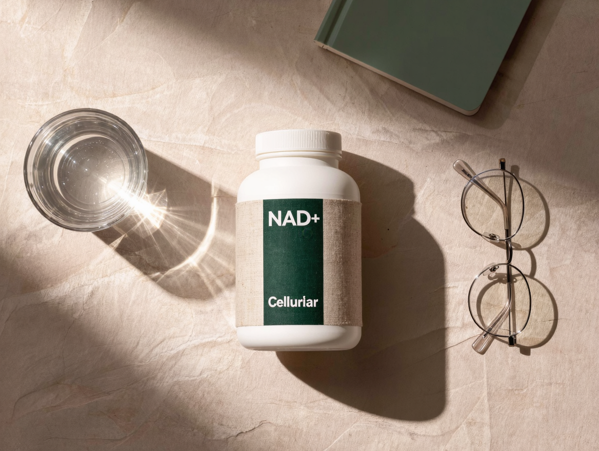 NAD+ Cellular flat-lay with reading glasses, notebook and water