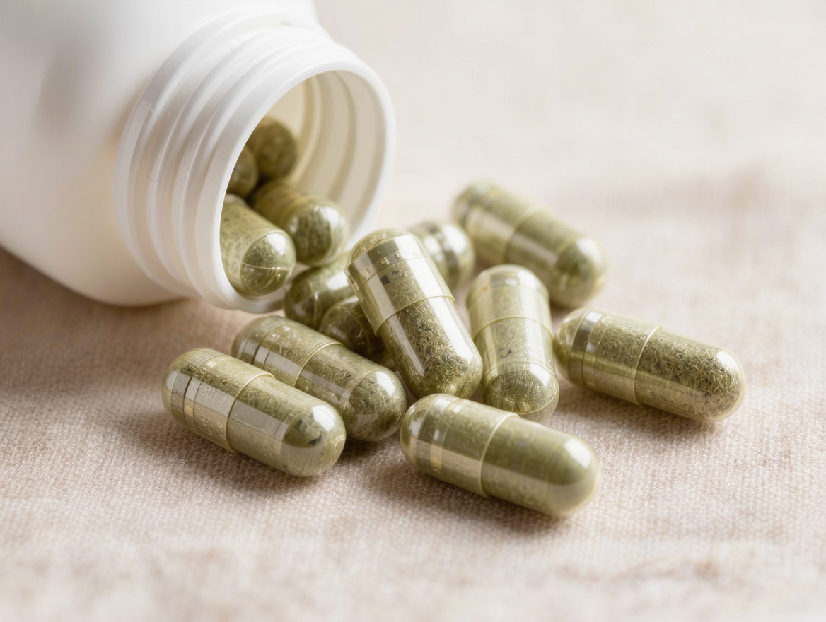 Pale sage vegetarian capsules on a linen surface