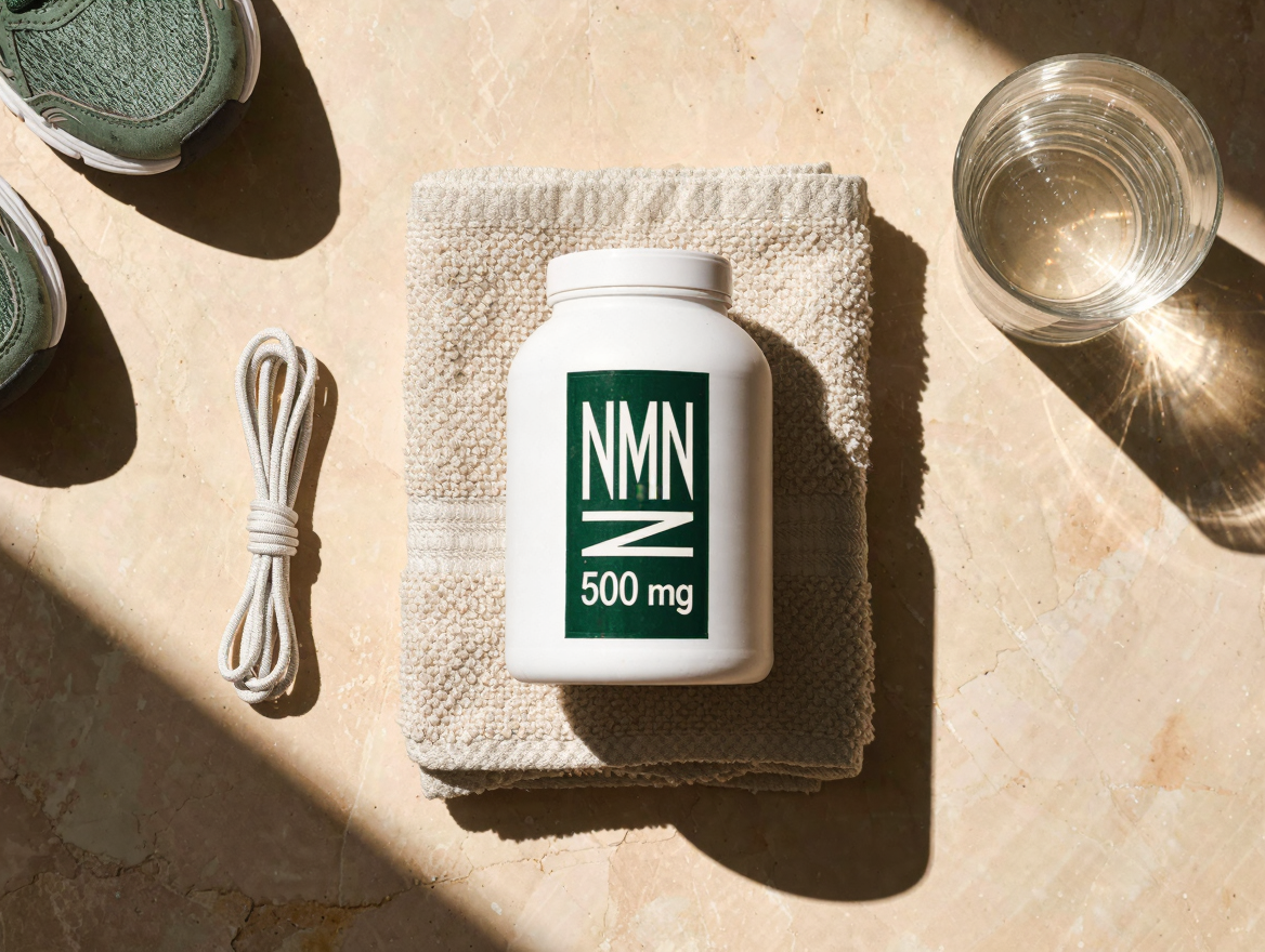 NMN 500 mg in a morning routine flat-lay with water and a linen towel