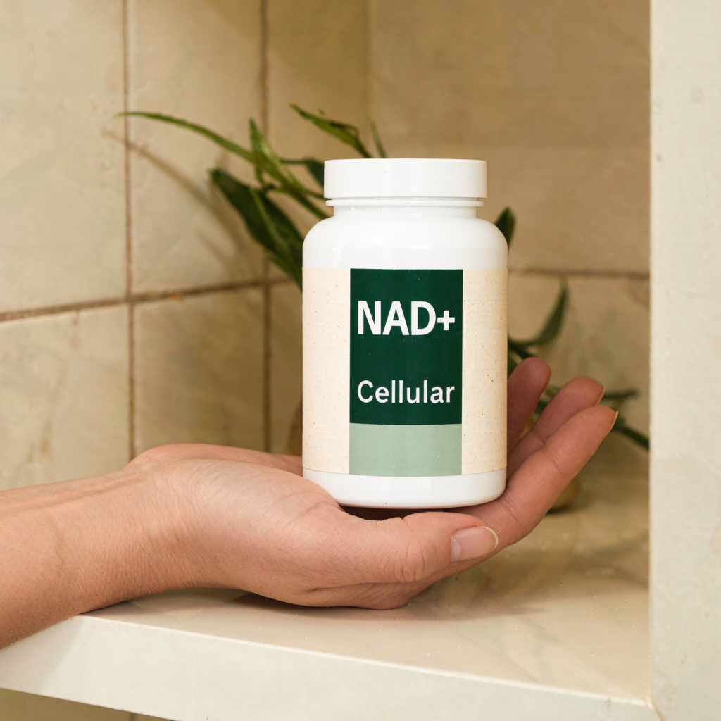 NAD+ Cellular bottle held in hand on a bathroom shelf